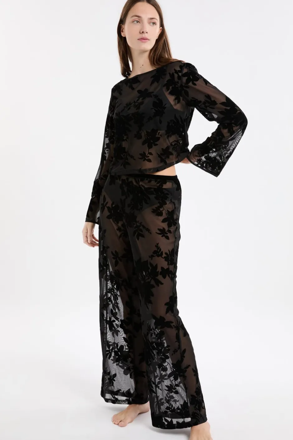 ETAM Partes De Abajo De Pijama|Pijamas Sexy|Pantalon transparent à motif floral NOIR