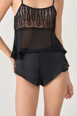 ETAM Pijamas Sexy|Partes De Abajo De Pijama|Pantalones cortos de pijama satinados con detalles de encaje NEGRO