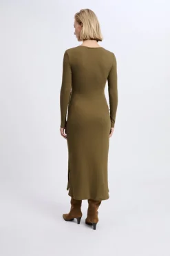 ETAM Vestidos Largos|Vestidos Lisos|Robe avec détail à nouer en coton ARGILE