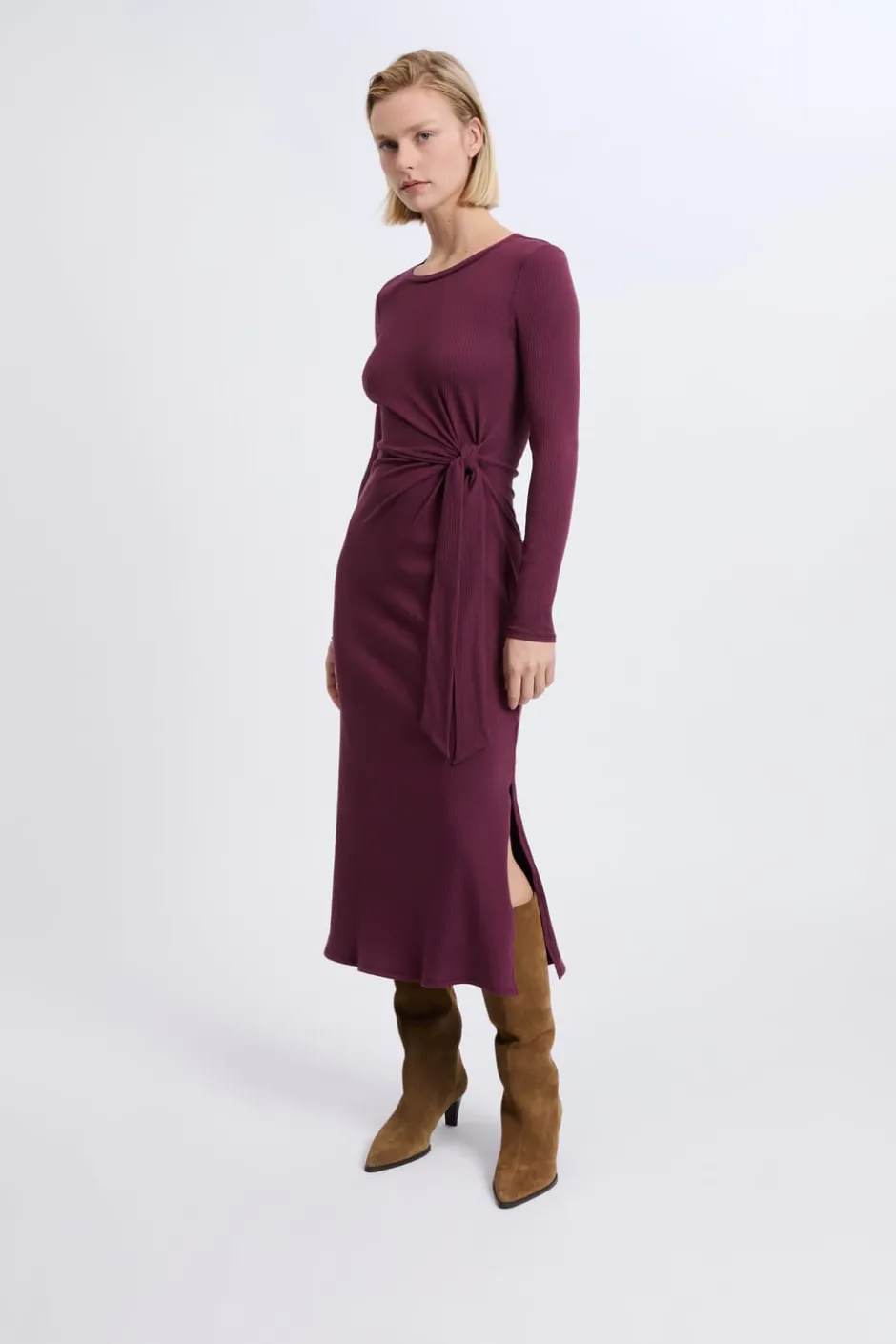 ETAM Vestidos Largos|Vestidos Lisos|Robe avec détail à nouer en coton CASSIS