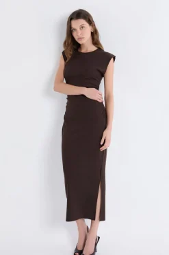 ETAM Vestidos Largos|Vestidos Lisos|Robe longue fendue MARRON