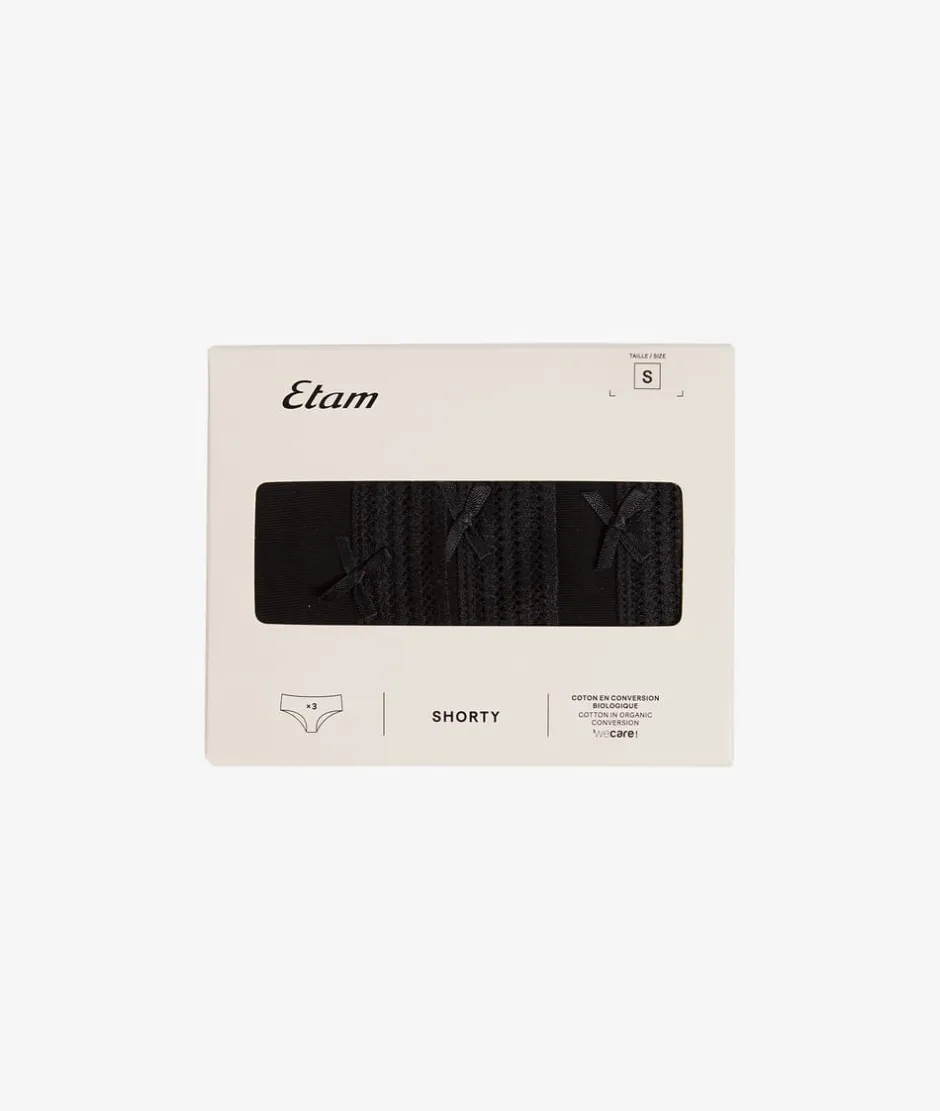 ETAM Culotte|Packs De Braguitas|Set de 3 braguitas culotte de algodón y encaje NEGRO
