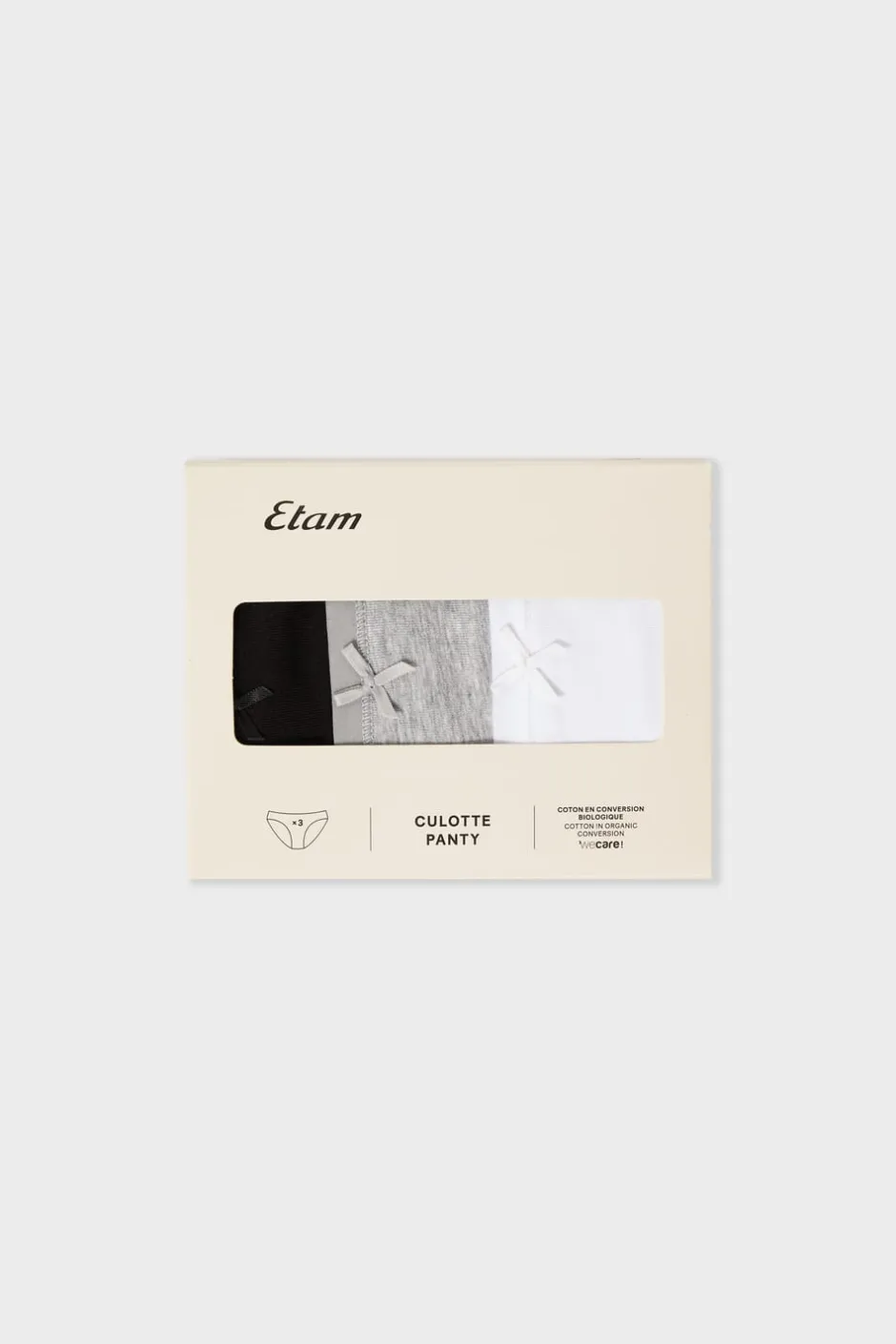 ETAM Braguita|Packs De Braguitas|Set de 3 braguitas de algodón ecológico C.GRIS/NEGRO/BLANCO