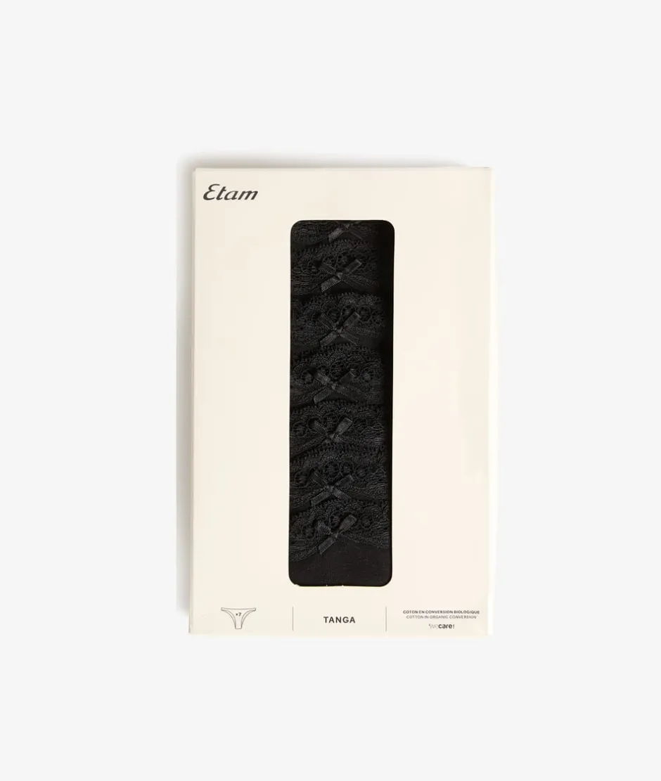 ETAM Tanga Brasileño|Packs De Braguitas|Set de 7 tangas de algodón y encaje NEGRO