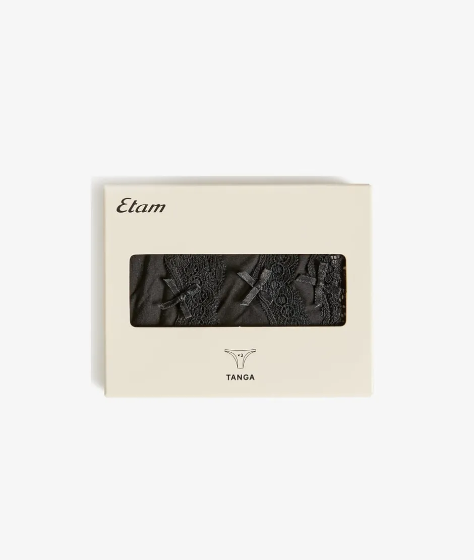 ETAM Tanga Brasileño|Packs De Braguitas|Set de 3 tangas de microfibra y encaje NEGRO
