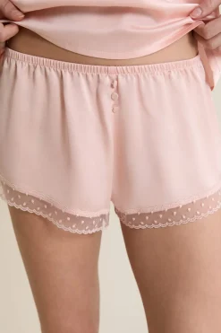 ETAM Los Pijamas Más Responsables|Partes De Abajo De Pijama|Short de pyjama satiné détails brodés ROSE POUDRE