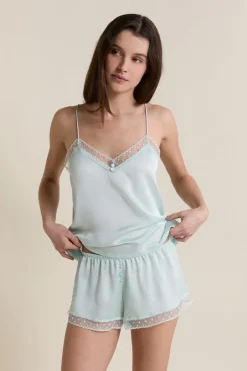 ETAM Los Pijamas Más Responsables|Partes De Abajo De Pijama|Short de pyjama satiné détails brodés BLEU VERT