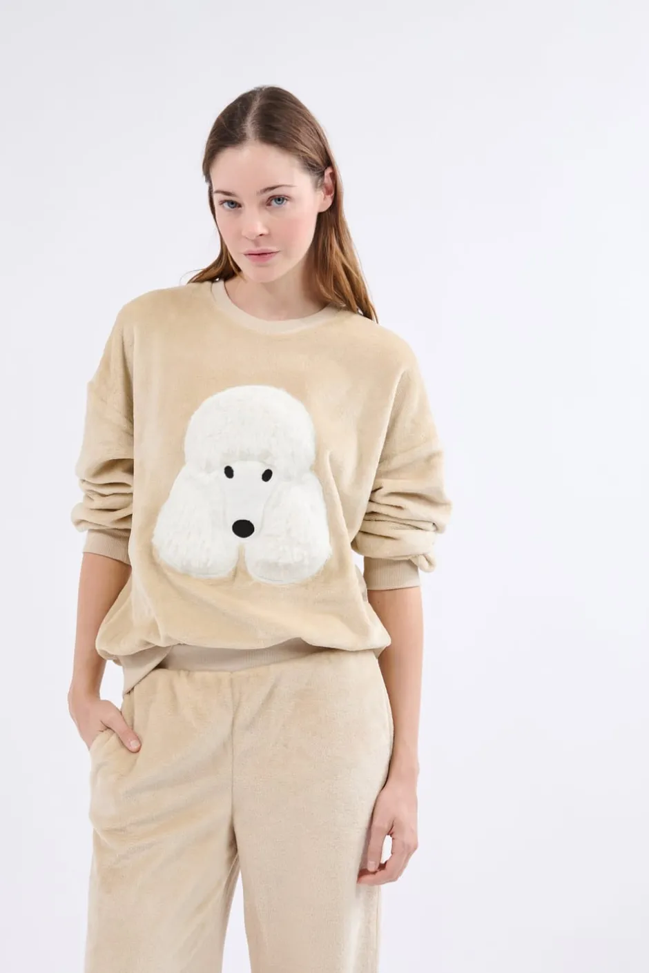 ETAM Pijamas Calentitos|Ponchos, Sudaderas Y Chaquetas|Sudadera de manga larga con efecto terciopelo BEIGE