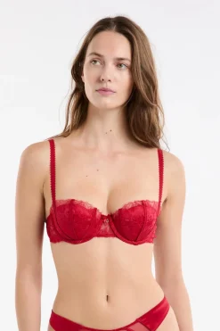 ETAM Sujetadores De Encaje|Sujetadores Sexy|Sujetador balconnet push-up de tul y satén ROJO