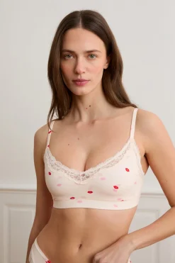ETAM Sin Aro|Bralette|Sujetador de microfibra con estampado de besos IMP FOND ROSA