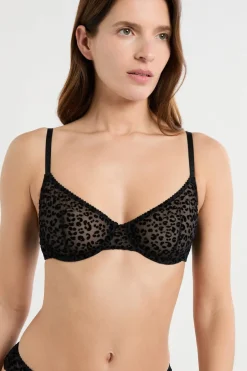 ETAM Sujetadores Talla Grande: Copas D-G|Sujetadores Sexy|Sujetador de tul con estampado de leopardo NEGRO