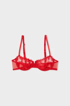 ETAM Sujetadores Talla Grande: Copas D-G|Sujetadores Sexy|Sujetador N.9 - Balconnet con bordado de corazones ROJO