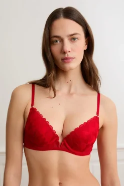 ETAM Sujetadores Sexy|Push Up|Sujetador N.2 - Push-up escote pronunciado con bordado de corazones ROJO