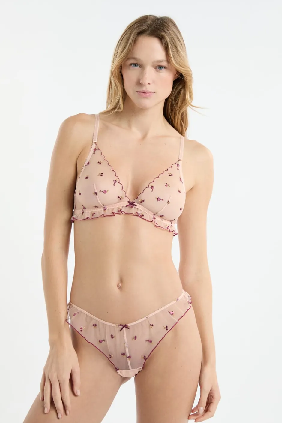 ETAM Sujetadores Sexy|Triángulo|Sujetador triangular de tul con motivos bordados rosa nude