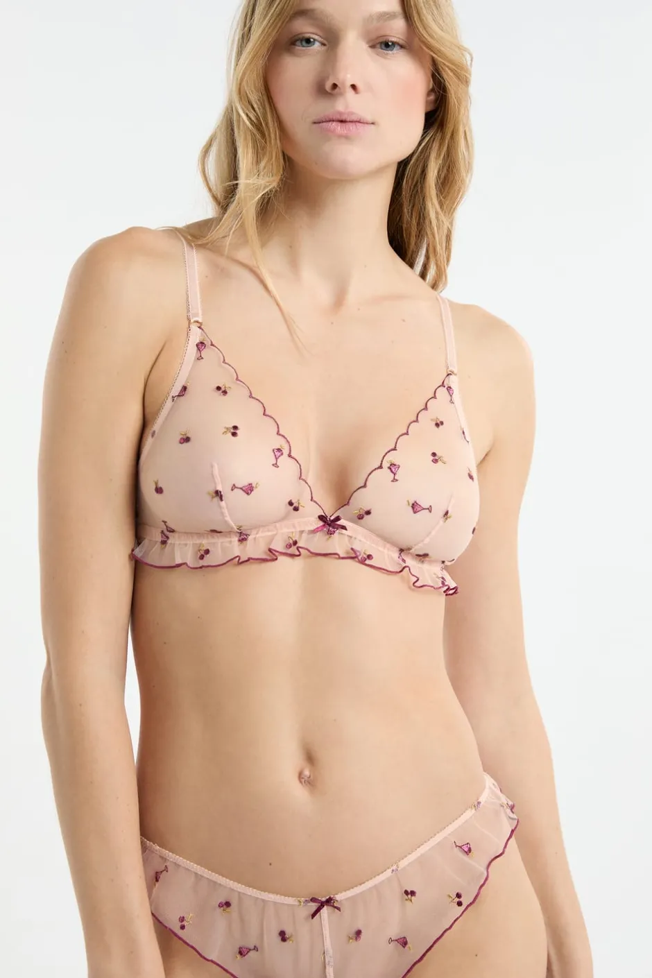 ETAM Sujetadores Sexy|Triángulo|Sujetador triangular de tul con motivos bordados rosa nude