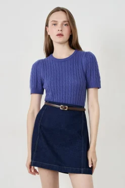 ETAM Fantasía|Cuello Redondo|Suéter de manga corta con diseño trenzado AZUL ROYAL