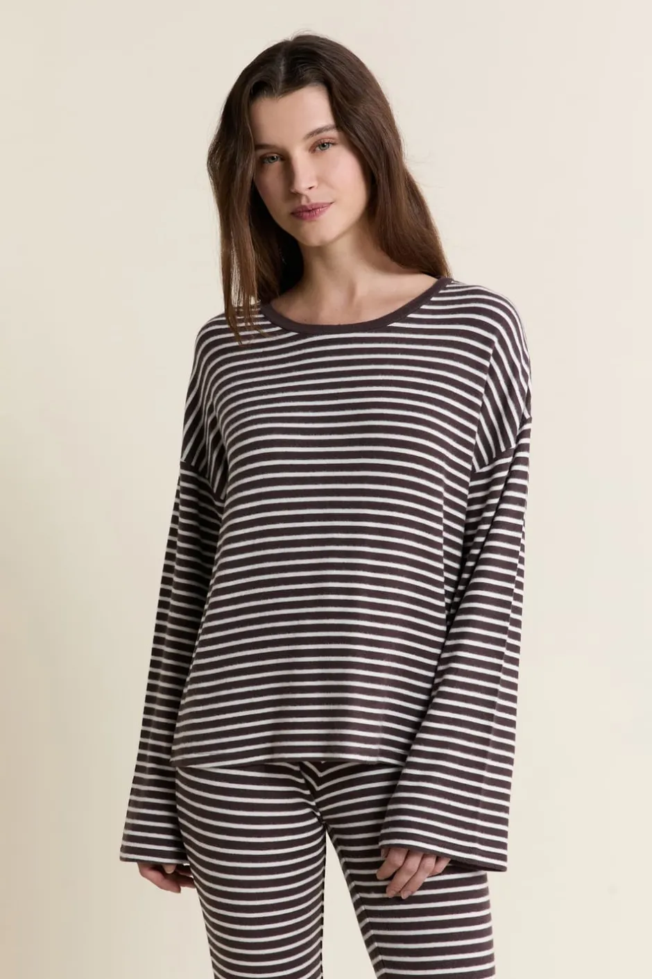 ETAM Homewear|Los Pijamas Más Responsables|Sweatshirt de pyjama à rayures CHOCOLAT