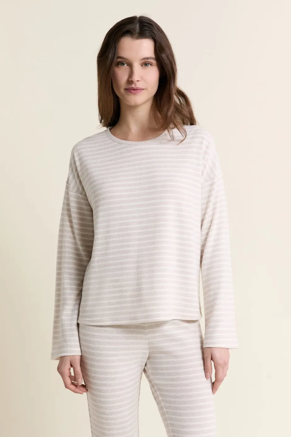 ETAM Homewear|Los Pijamas Más Responsables|Sweatshirt de pyjama à rayures BEIGE