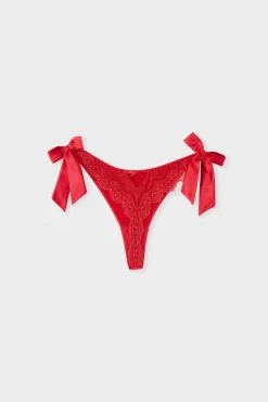 ETAM Braguitas Encaje|Tanga Brasileño|Tanga bordado con lazos CARDINAL