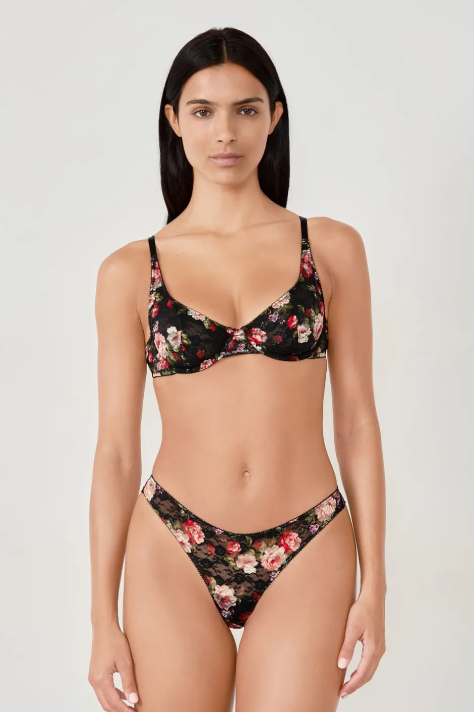 ETAM Tanga Brasileño|Braguitas Encaje|Tanga de encaje con estampado floral NEGRO