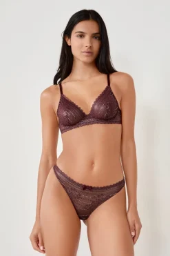 ETAM Braguitas Encaje|Tanga Brasileño|Tanga de encaje con hilo brillante BURDEOS GRANATE