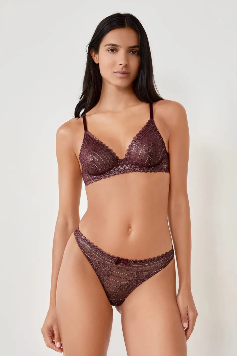 ETAM Braguitas Encaje|Tanga Brasileño|Tanga de encaje con hilo brillante BURDEOS GRANATE
