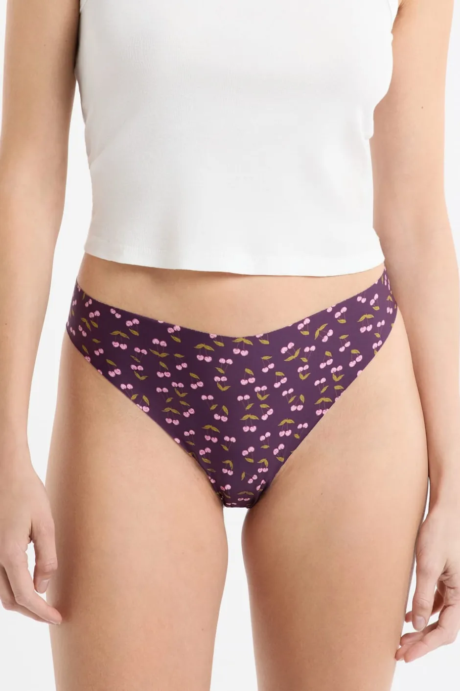 ETAM Tanga Brasileño|Braguitas Party|Tanga de microfibra sin costuras con motivos de cerezas VIOLET