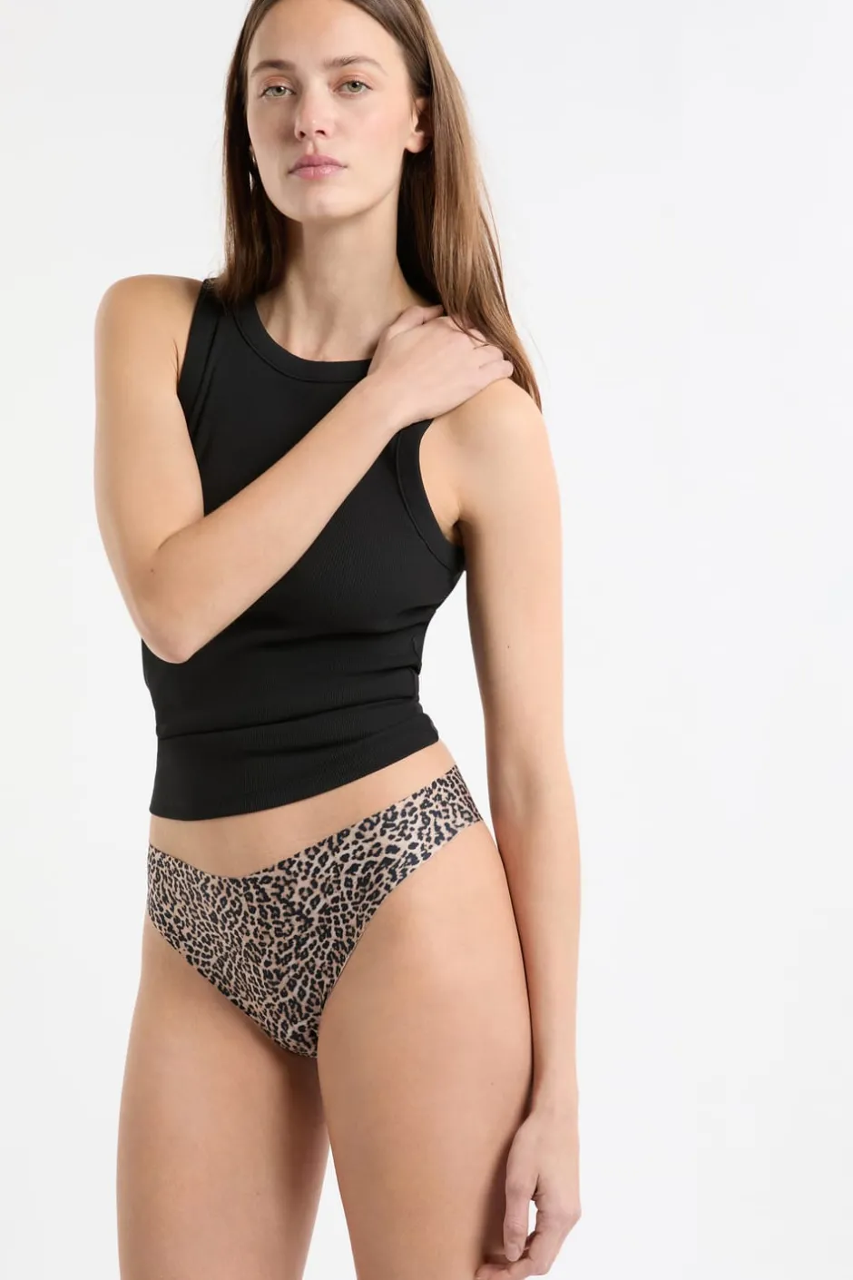 ETAM Tanga Brasileño|Braguitas Party|Tanga de microfibra sin costuras con estampado de leopardo IMP FD MARRÓN