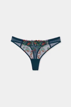 ETAM Tanga|Tanga de tul bordado AZUL PETRÓLEO