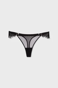 ETAM Tanga|Braguitas Encaje|Tanga de tul con detalle de encaje NEGRO