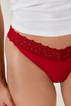 ETAM Tanga Brasileño|Braguitas Party|Tanga en V de microfibra y encaje ROJO