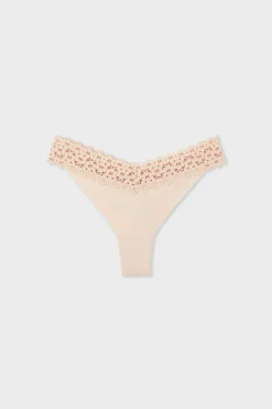 ETAM Tanga Brasileño|Braguitas Party|Tanga en V de microfibra y encaje BLANCO ROJO