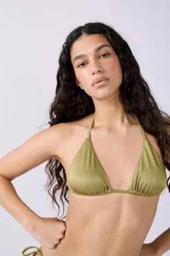 ETAM Triángulos|Top bikini triangular tejido brillante ANIS