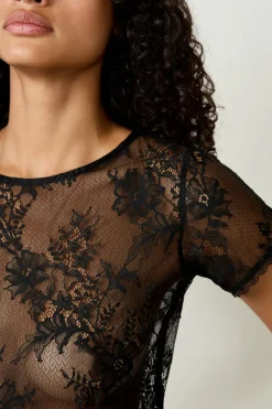 ETAM Pijamas Sexy|Partes De Arriba De Pijama|Top bordado de manga corta NEGRO