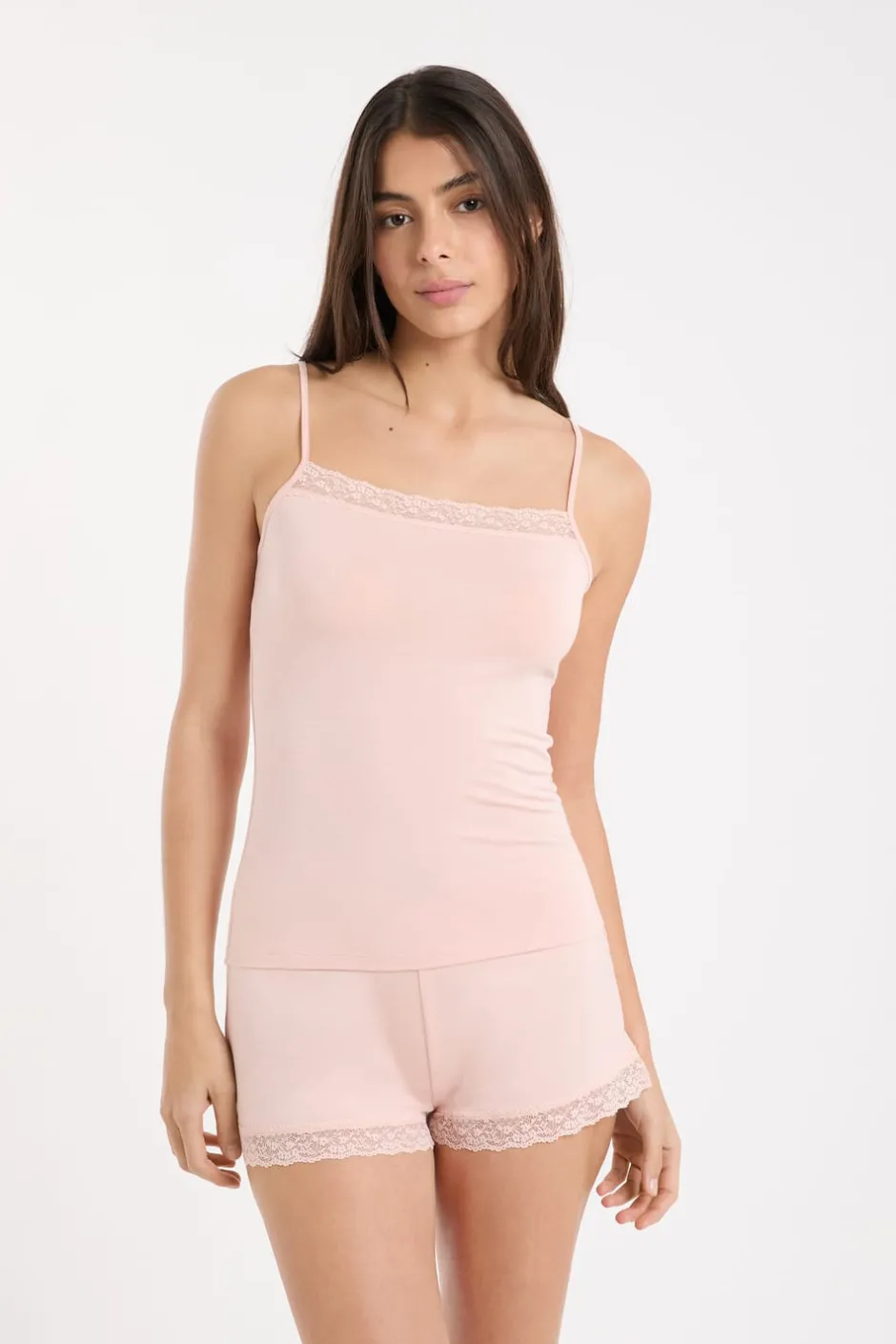 ETAM Los Pijamas Más Responsables|Pijamas Esenciales|Top con detalles de encaje ROSA EMPOLVADO