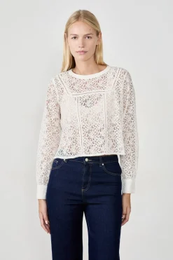 ETAM Cuello Redondo|Manga Larga|Top de encaje ECRU