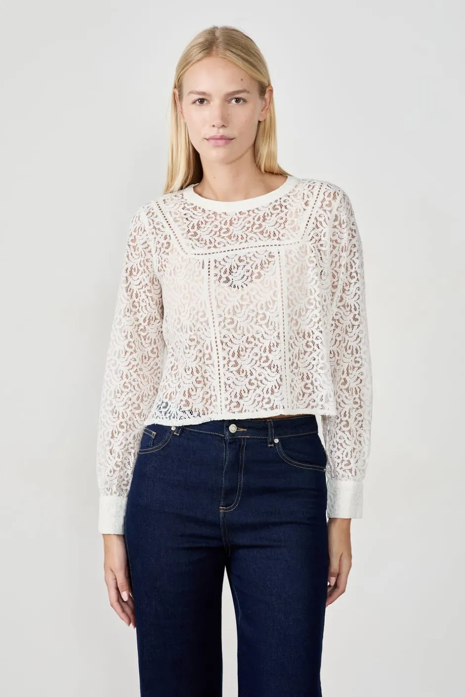 ETAM Cuello Redondo|Manga Larga|Top de encaje ECRU