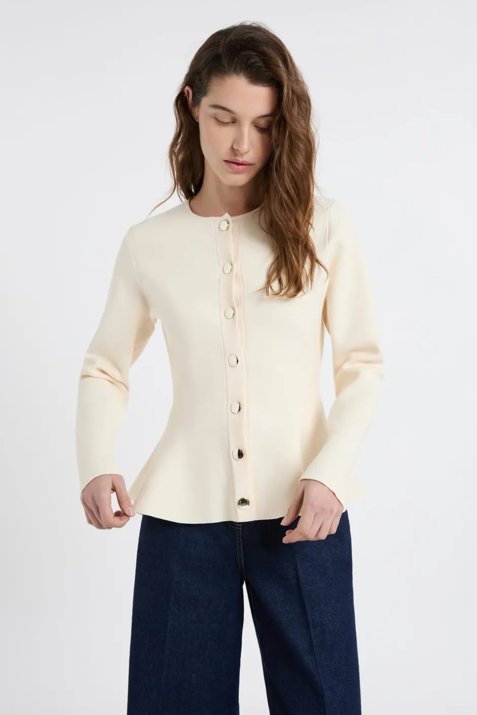 ETAM Chaquetas|Top de manga larga con botones dorados lino