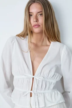 ETAM Cuello En V|Manga Larga|Top de manga larga de algodón con lazos CRUDO