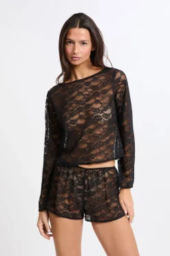 ETAM Pijamas Sexy|Partes De Arriba De Pijama|Top de manga larga de encaje transparente NEGRO