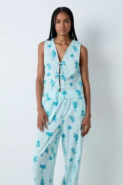 ETAM Partes De Arriba De Pijama|Los Pijamas Más Responsables|Top de pijama de algodón con estampado y lazos delanteros ECRU