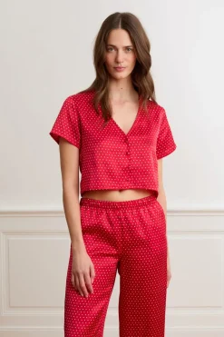 ETAM Los Pijamas Más Responsables|Partes De Arriba De Pijama|Top de pijama de satén con lunares ROJO