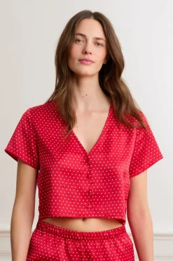 ETAM Los Pijamas Más Responsables|Partes De Arriba De Pijama|Top de pijama de satén con lunares ROJO