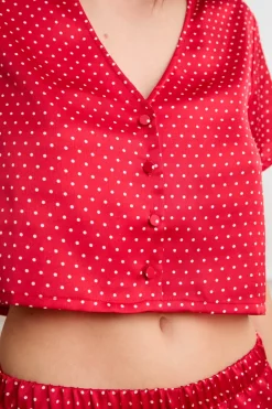 ETAM Los Pijamas Más Responsables|Partes De Arriba De Pijama|Top de pijama de satén con lunares ROJO
