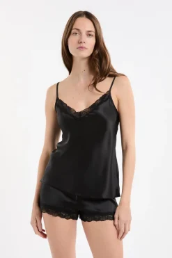 ETAM Pijamas De Seda|Partes De Arriba De Pijama|Top de seda NEGRO