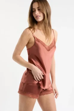 ETAM Partes De Arriba De Pijama|Pijamas De Seda|Top de seda con detalles de encaje arena