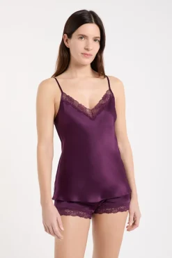 ETAM Pijamas De Seda|Partes De Arriba De Pijama|Top de seda con detalles de encaje morado