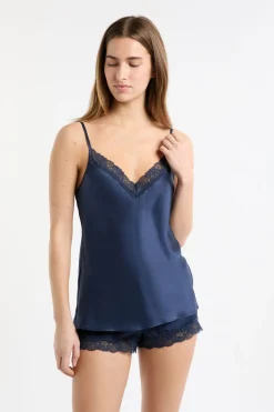 ETAM Pijamas De Seda|Partes De Arriba De Pijama|Top de seda con detalles de encaje TRANSPARENTE