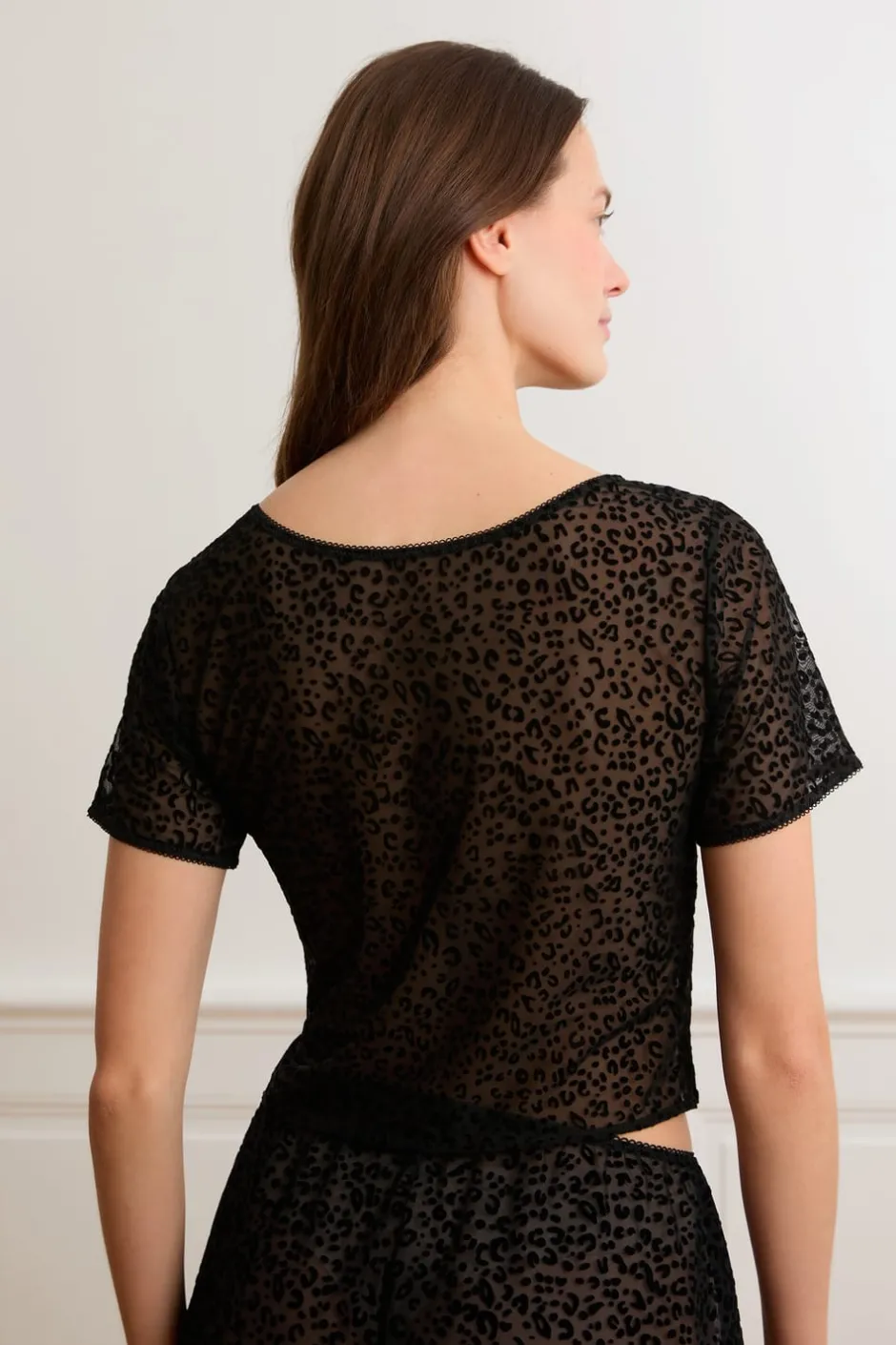 ETAM Pijamas Sexy|Partes De Arriba De Pijama|Top de tul con estampado de leopardo NEGRO