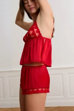 ETAM Pijamas Sexy|Partes De Arriba De Pijama|Top interior bordado con estampado de corazones ROJO